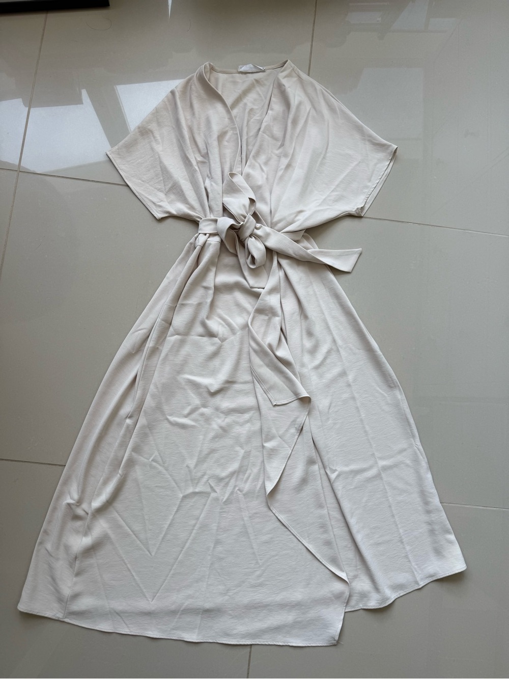 Mango Cream Wrap Midi Dress with Waist Tie